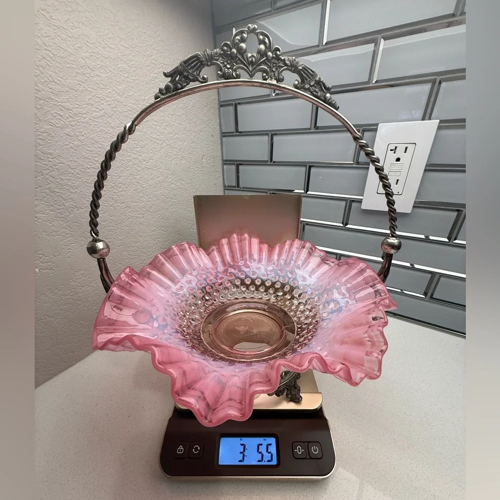 Vintage Bride's Basket Fenton Pink Hobnail Ruffled Bowl with Metal Holder